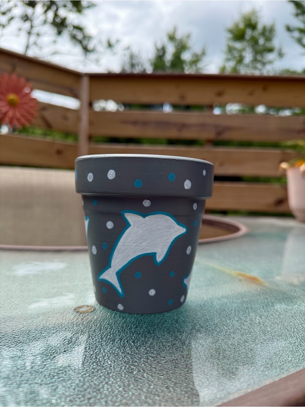 Hand-Painted Gray Dolphin 4” Flower Pot - Decorative Home Accent